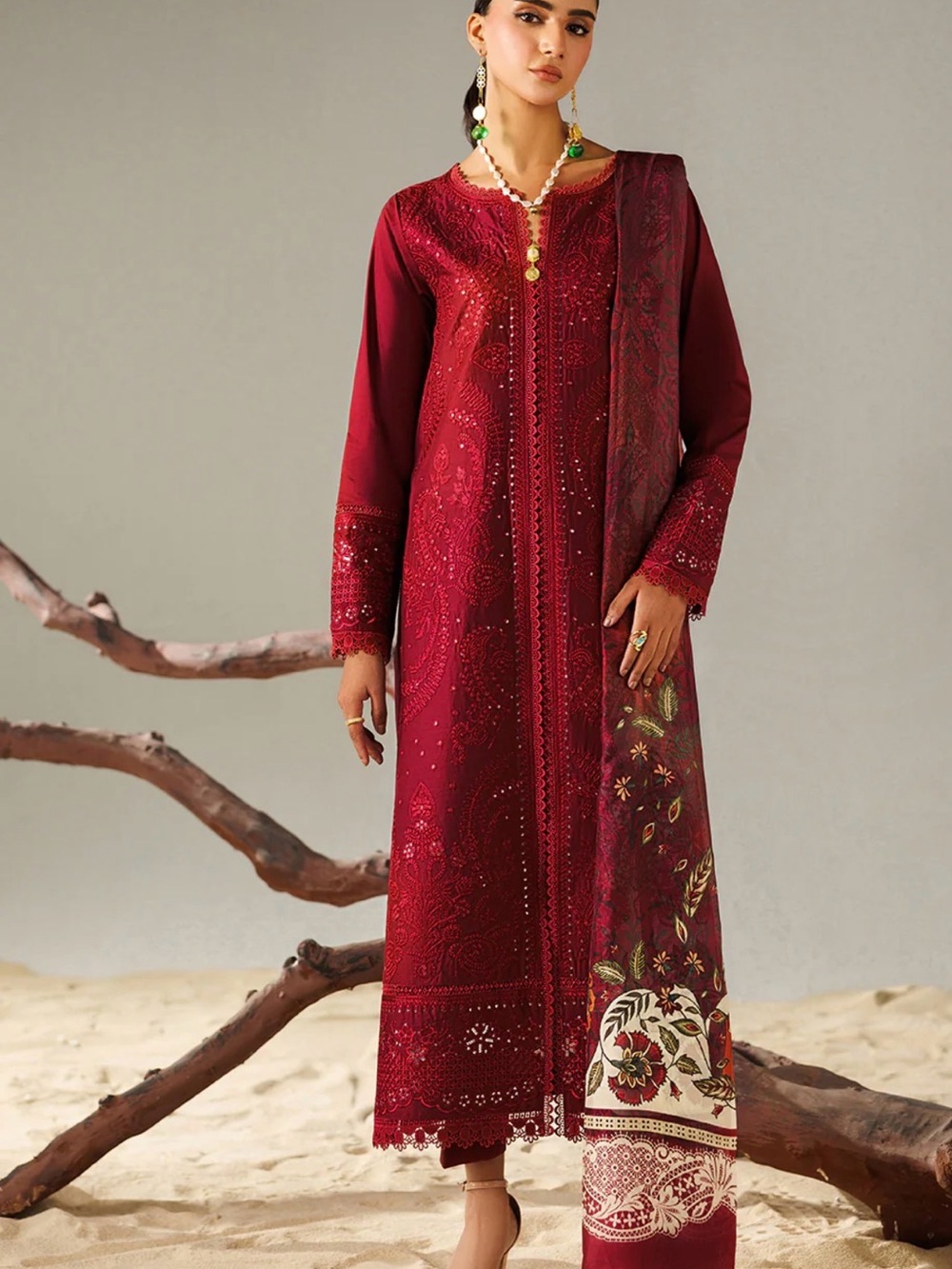 Pakistani Embroidered Red Traditional Kurta Set